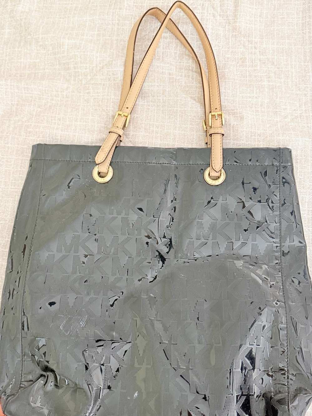Michael Kors Black Patent Tote with Tan Shoulder Straps